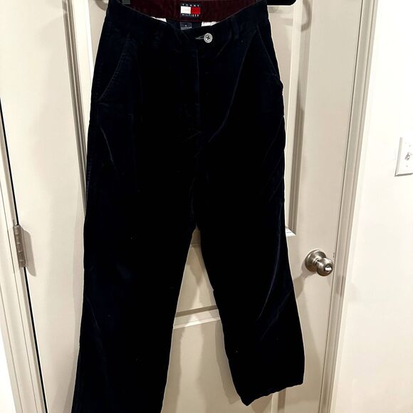 Vintage Y2K Tommy Hilfiger Womens 4/30 Velvet Pants Navy Blue Wide Leg Fit - Picture 1 of 12